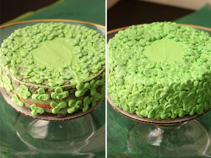two pictures side by side of a green cake