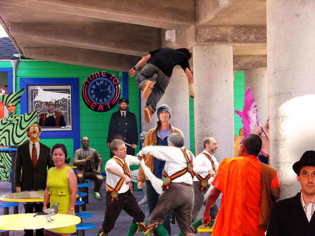 people standing in front of a colorful wall