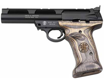 a black and brown revolver with white and tan accents