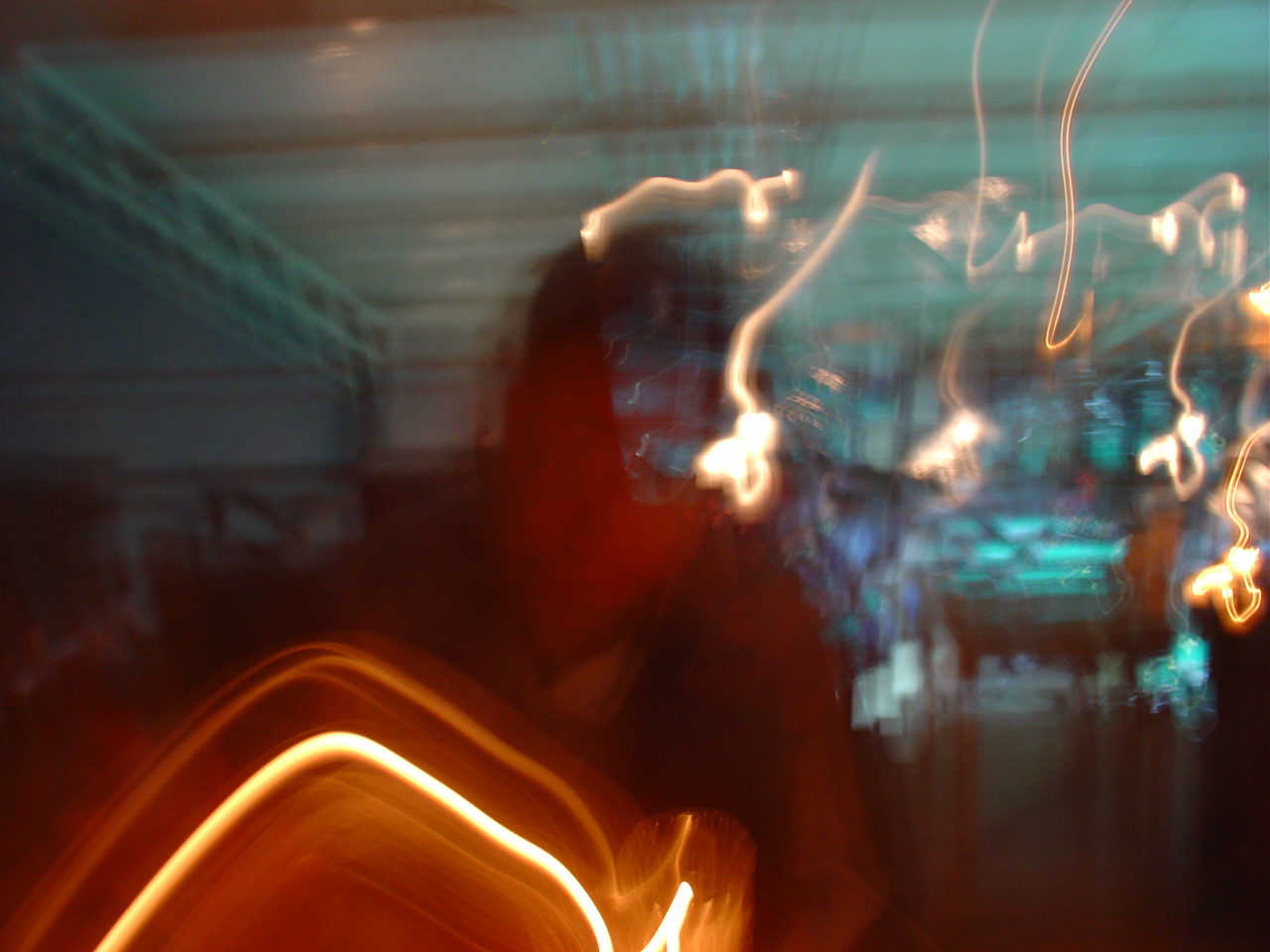 blurry image of someone walking past some lights