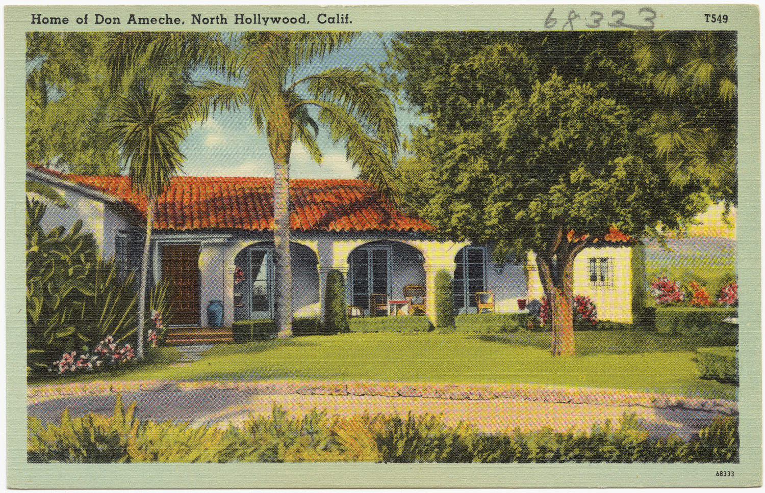 a card that shows a house in the tropical landscape