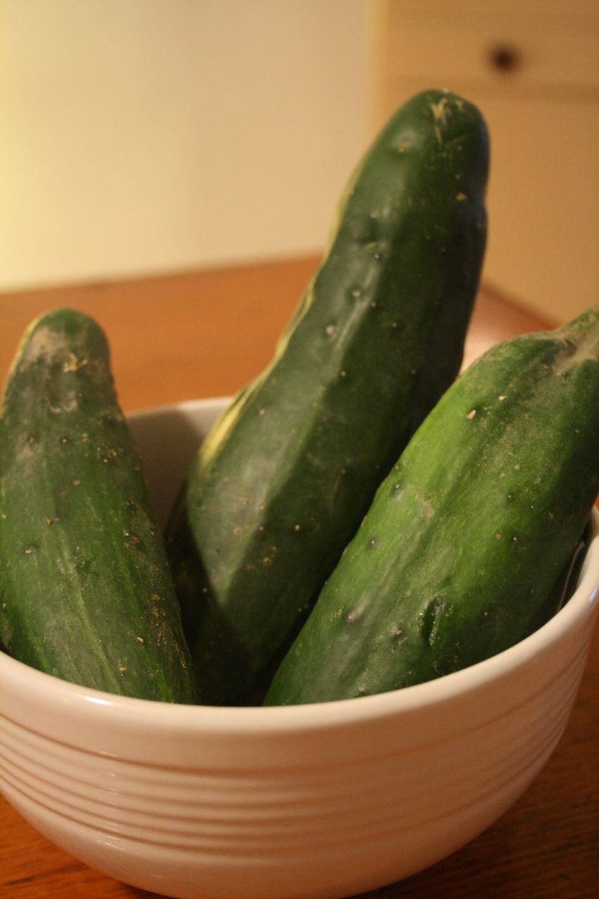 the large cucumbers are in a white bowl