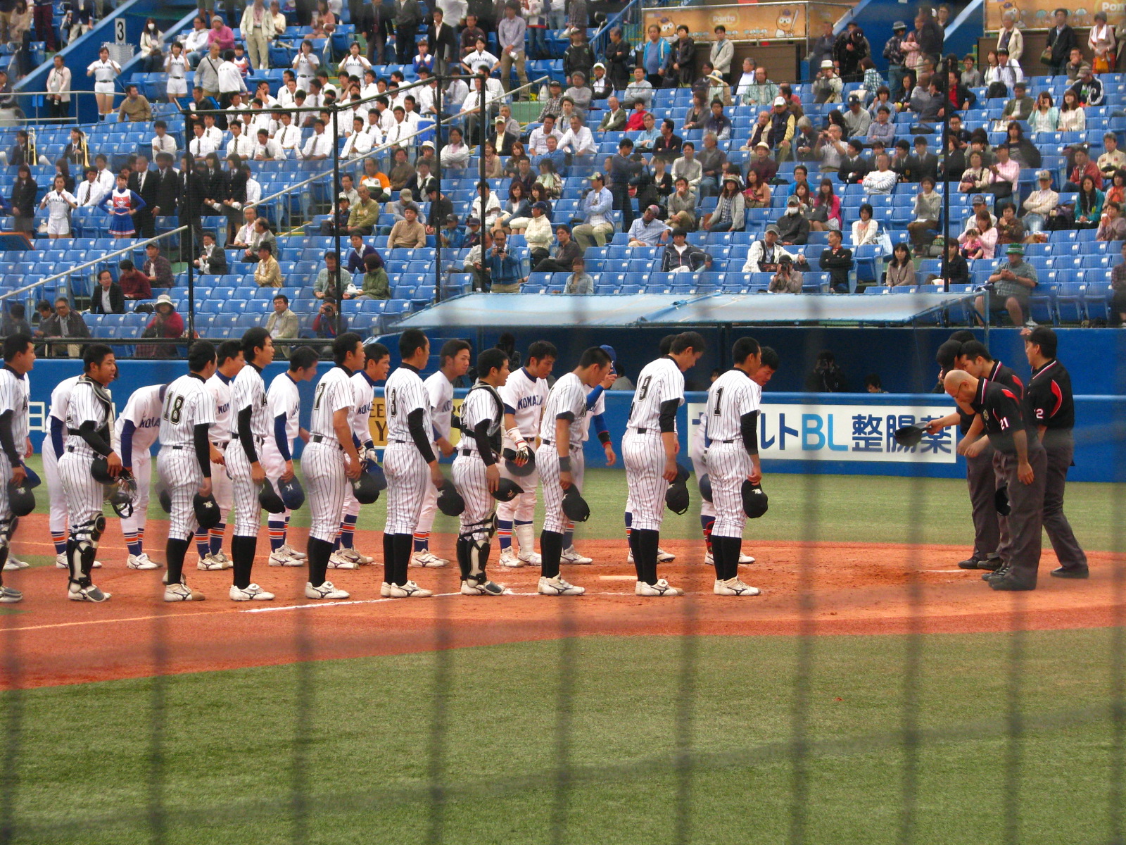 a baseball team line up for a team po