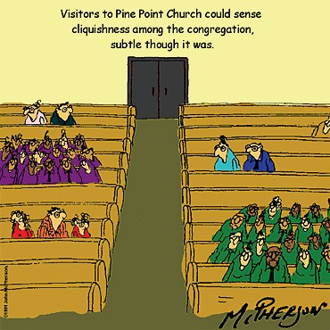 a cartoon showing people in a church with a large crowd of them