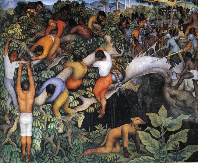 a painting shows a crowd of people in an area with trees