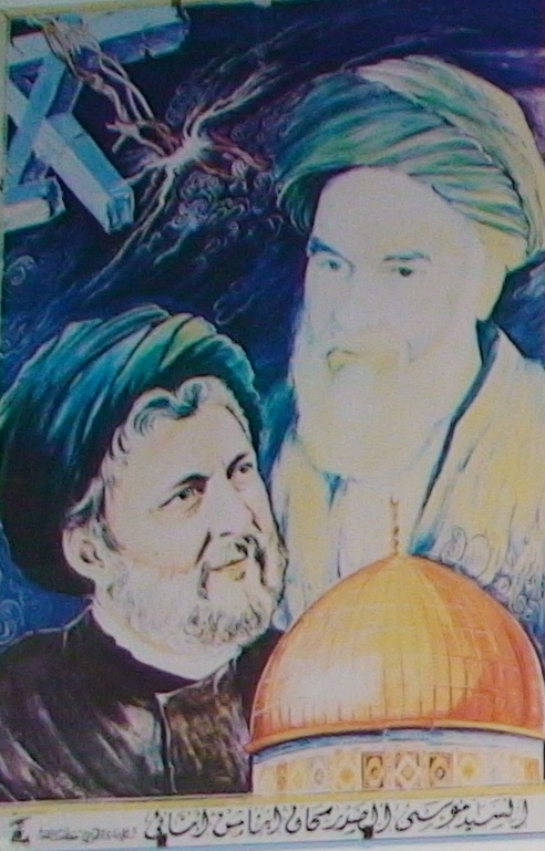 a painting of two men next to a mosque
