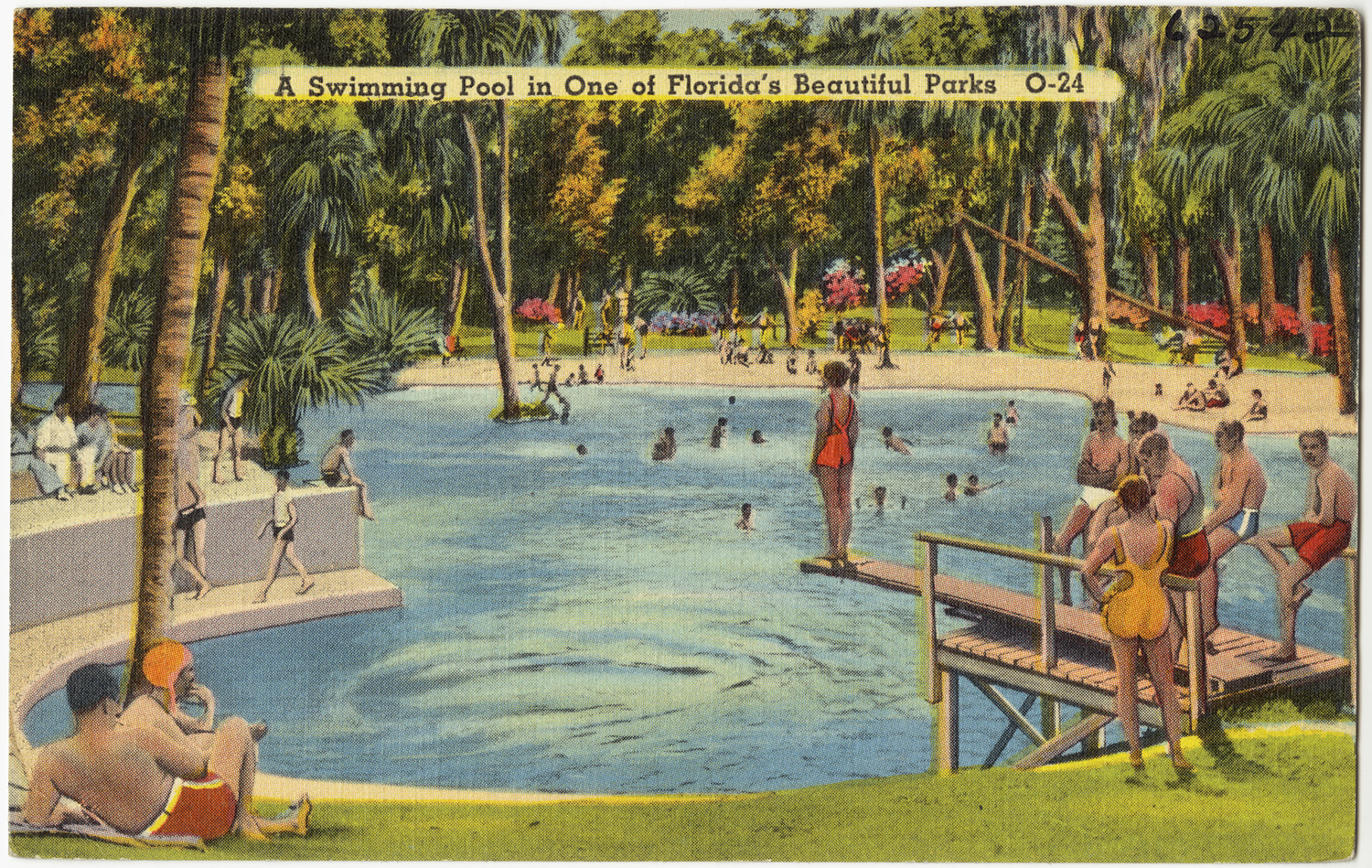 an old postcard shows people in a small swimming pool