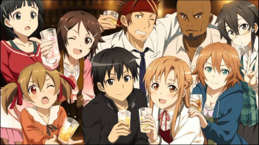 anime character group in a row with drinks