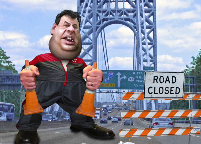 a large man standing next to a road closed sign