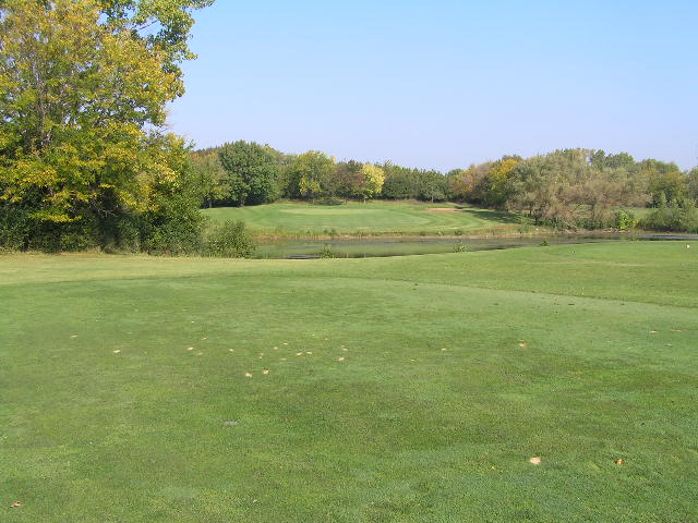 view of a golf course with trees in the background