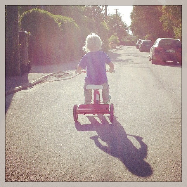 a toddler riding a wooden horse with a road background