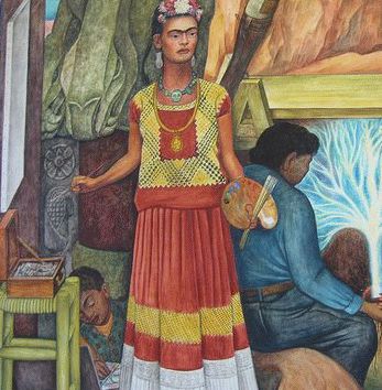 a painting shows a woman in colorful clothing