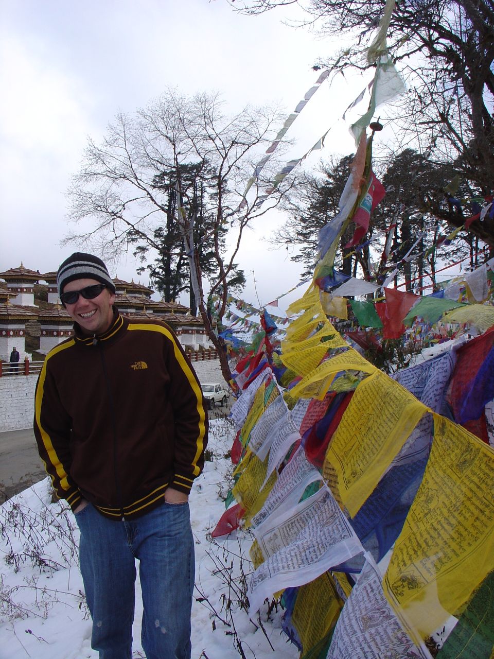 a man is posing in front of some flags