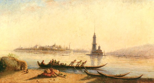 a painting shows a group of men on a boat