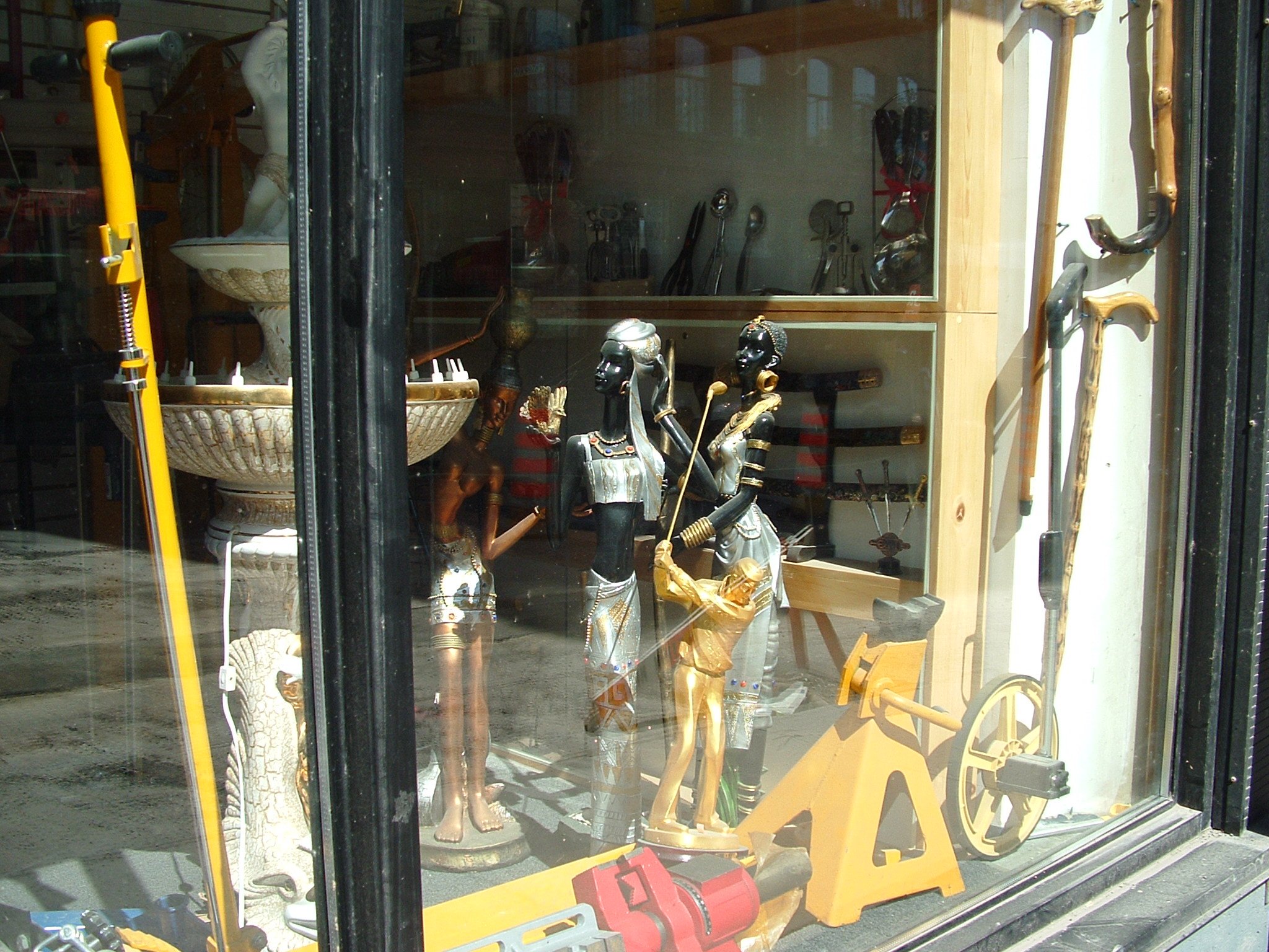 a store window showing skeletons in a room