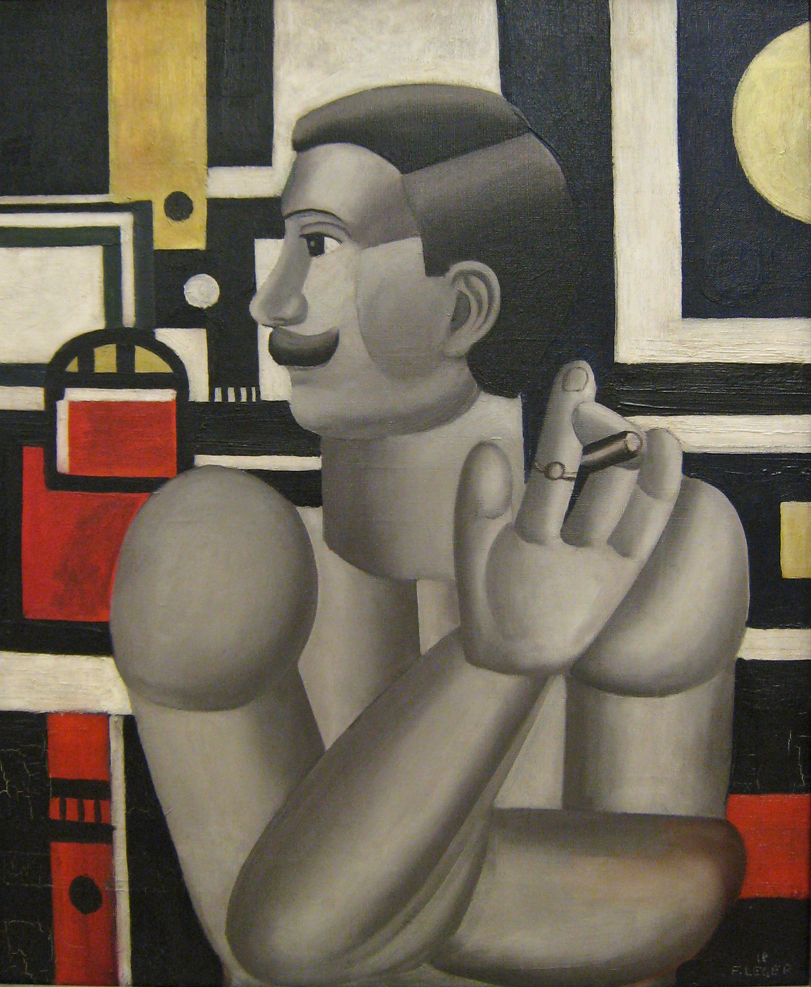 a black and white painting with abstract shapes and a man on the side