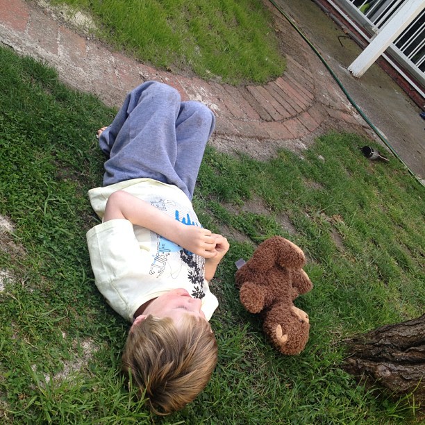 a little boy is lying on the grass next to a stuffed bear