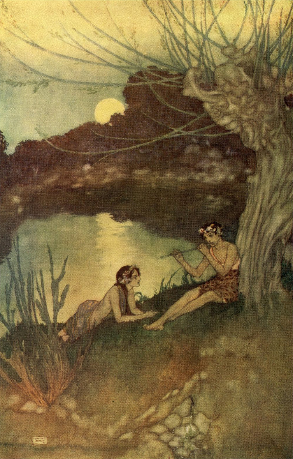 two people laying by a river under a tree