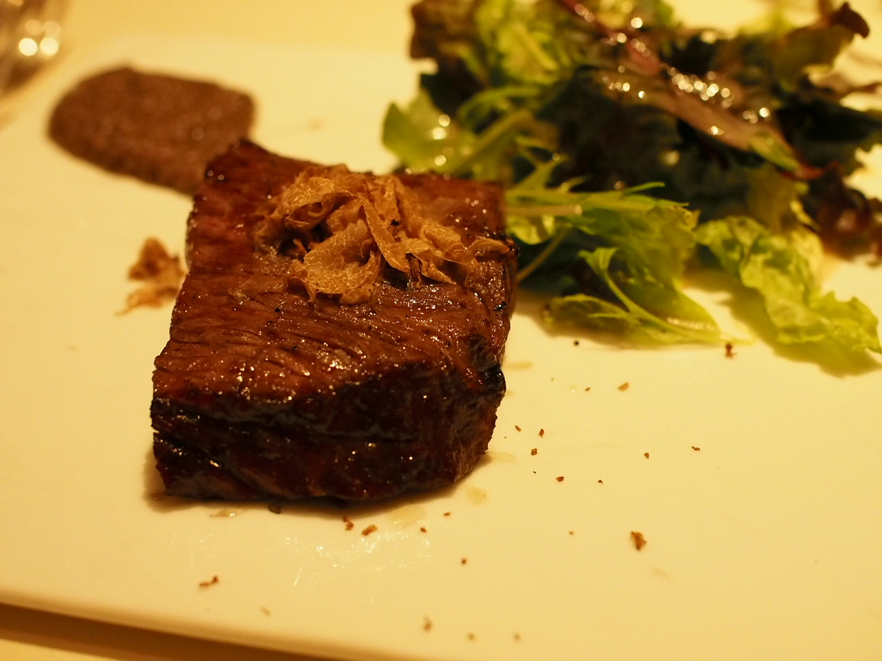 piece of meat with sauce next to a leafy green salad