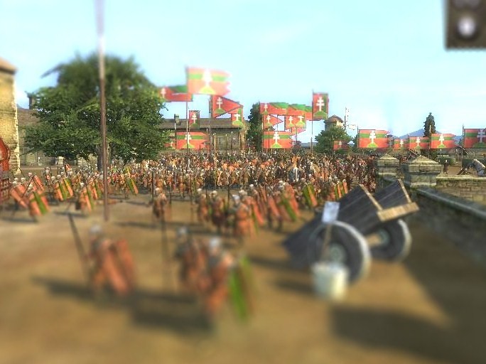 a video game scene of a battle with soldiers and horses