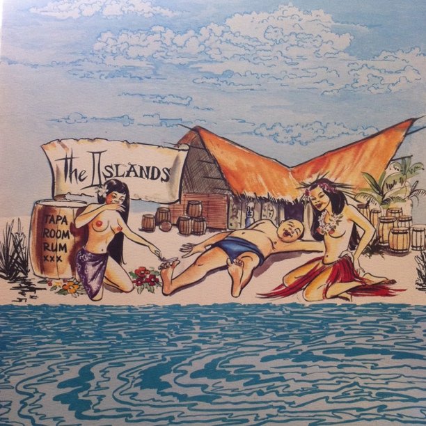 an artistic scene painted with markers of two  men, an old - fashioned sail boat and a pirate flag