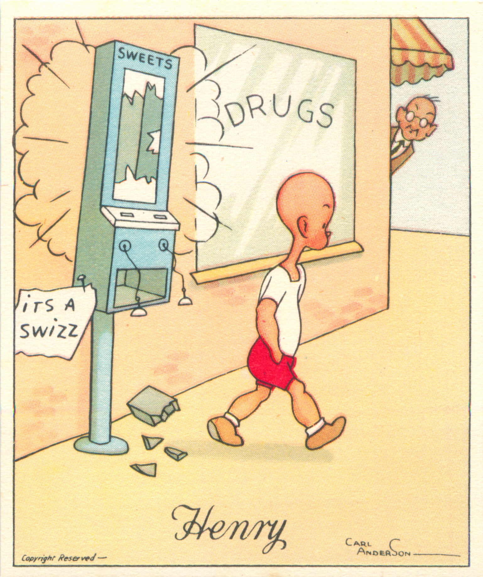 a cartoon of a person walking past a sign