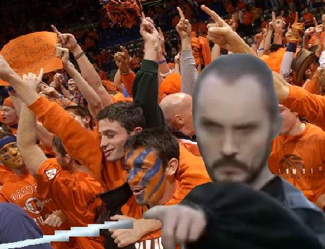 a large group of orange men at a basketball game