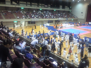 spectators on the court for an event at a basketball game