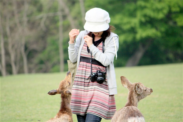 a woman taking pos of three baby animals