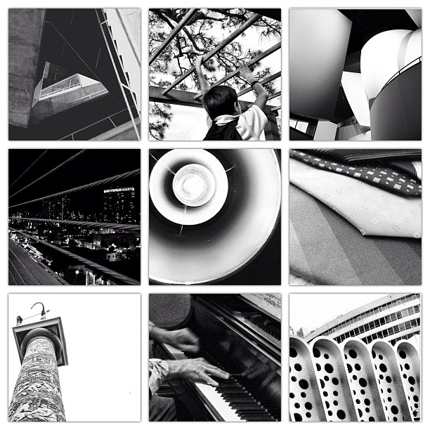 a black and white collage shows people playing musical instruments