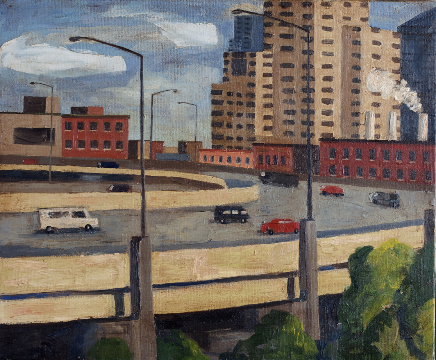 a painting of traffic in a city