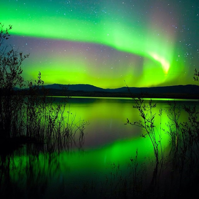 the aurora aurora aurora is reflected in the water and the aurora glows green