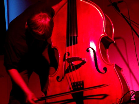 a red cellphone is holding onto a cello