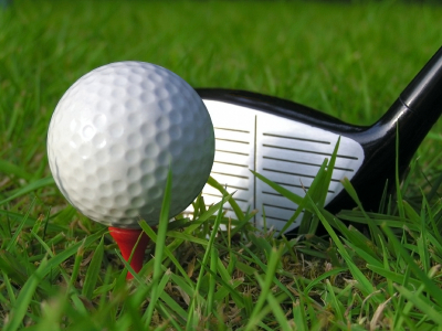 golf ball and driver sitting in the grass
