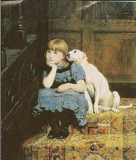 the painting depicts a girl and two dogs in front of a piano