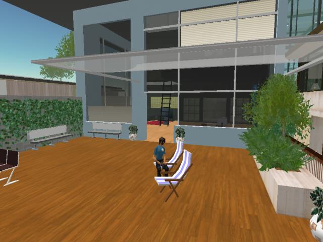 a computer rendering of a patio area with furniture
