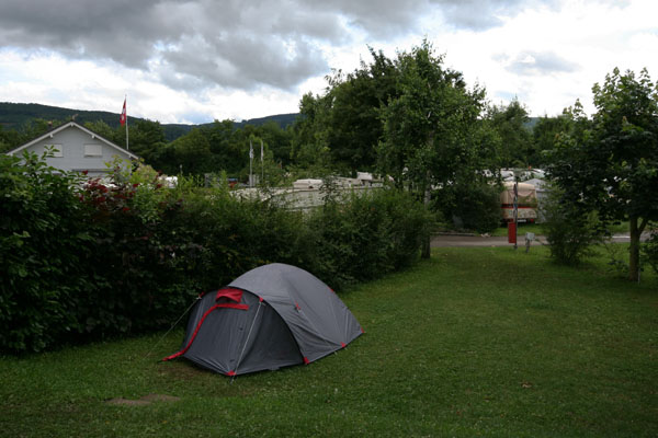 a tent and bushes set up on the grass near some tents