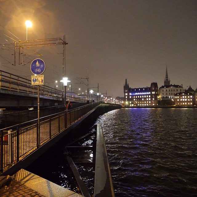 a city at night on the edge of a river with a bridge and old buildings