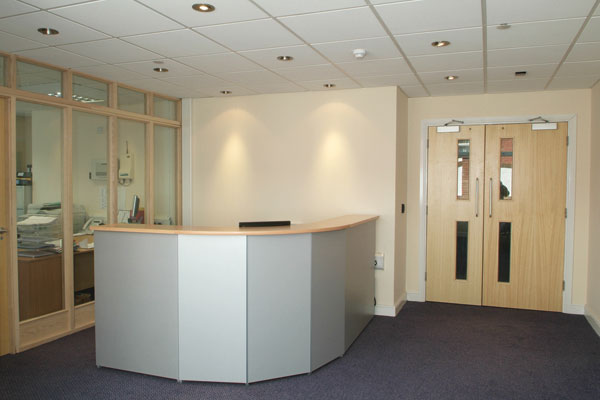 office front desk and door, a nice reception area