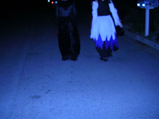 two women in costumes are walking down the street at night