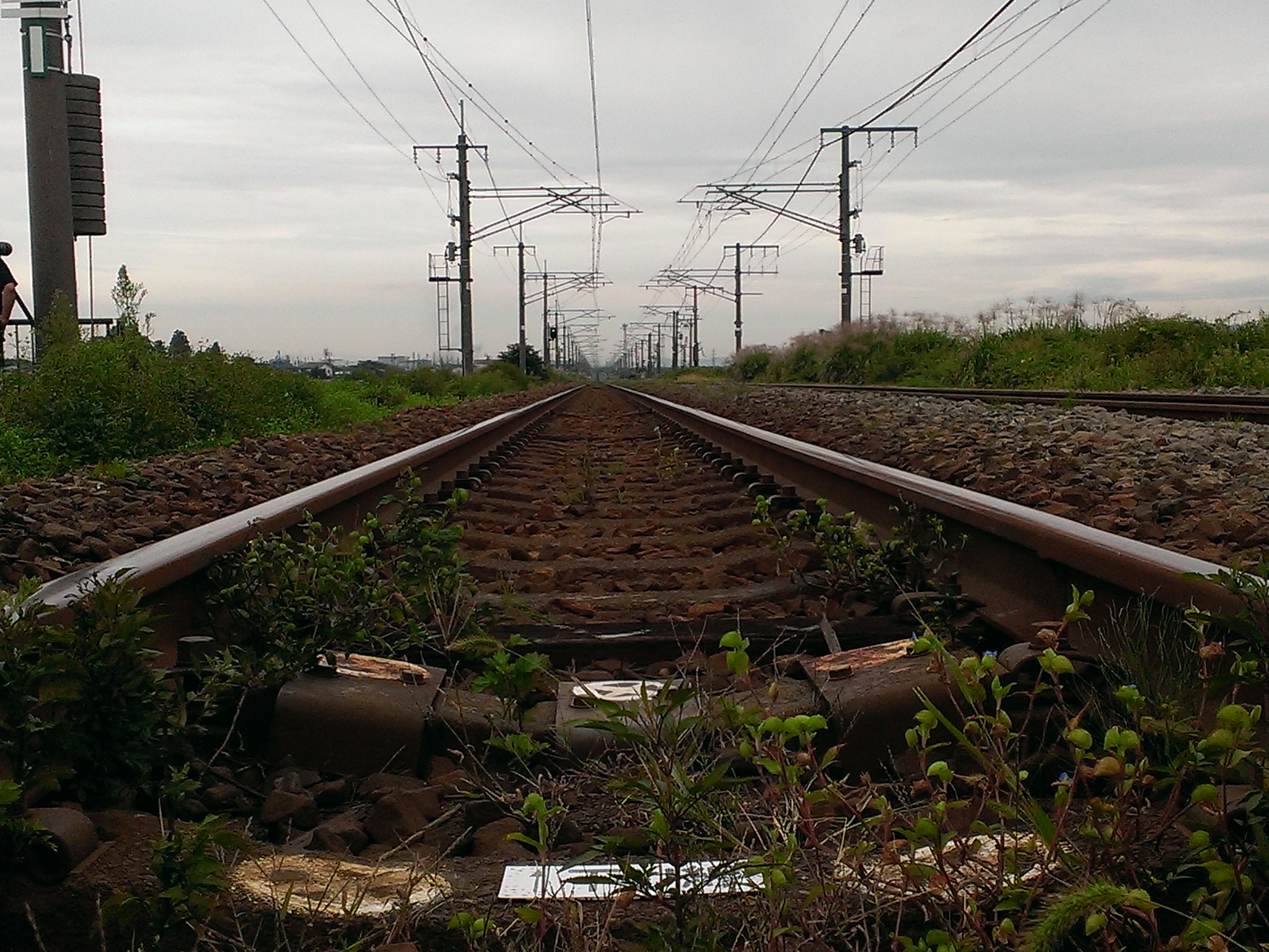 a train track sitting near power lines in the country