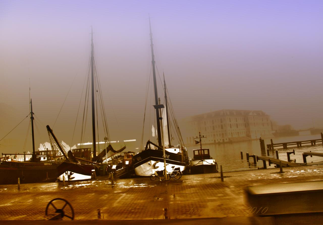 several boats docked at the dock in a foggy marina