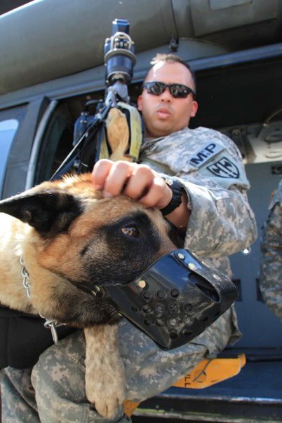 a man in military uniform holding onto a dog