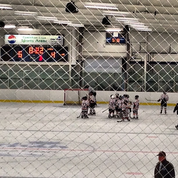 hockey rink with net on side of playing field and many people watching