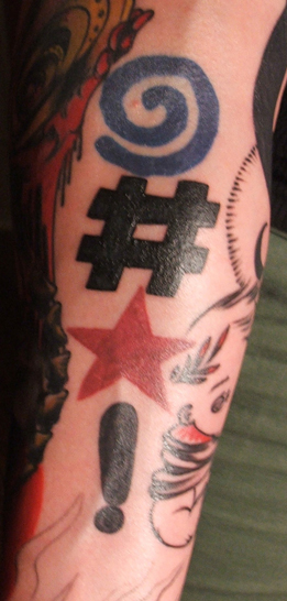 close up of a tattoo of various symbols