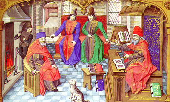 an illustration of some old people wearing red and green