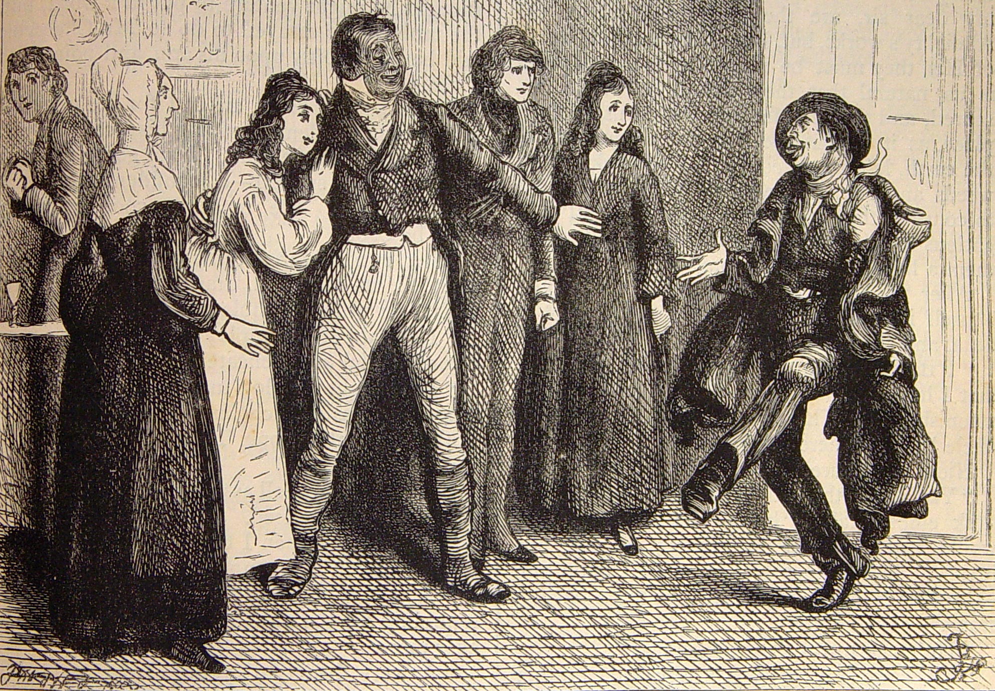 an old fashion picture shows men in costume talking