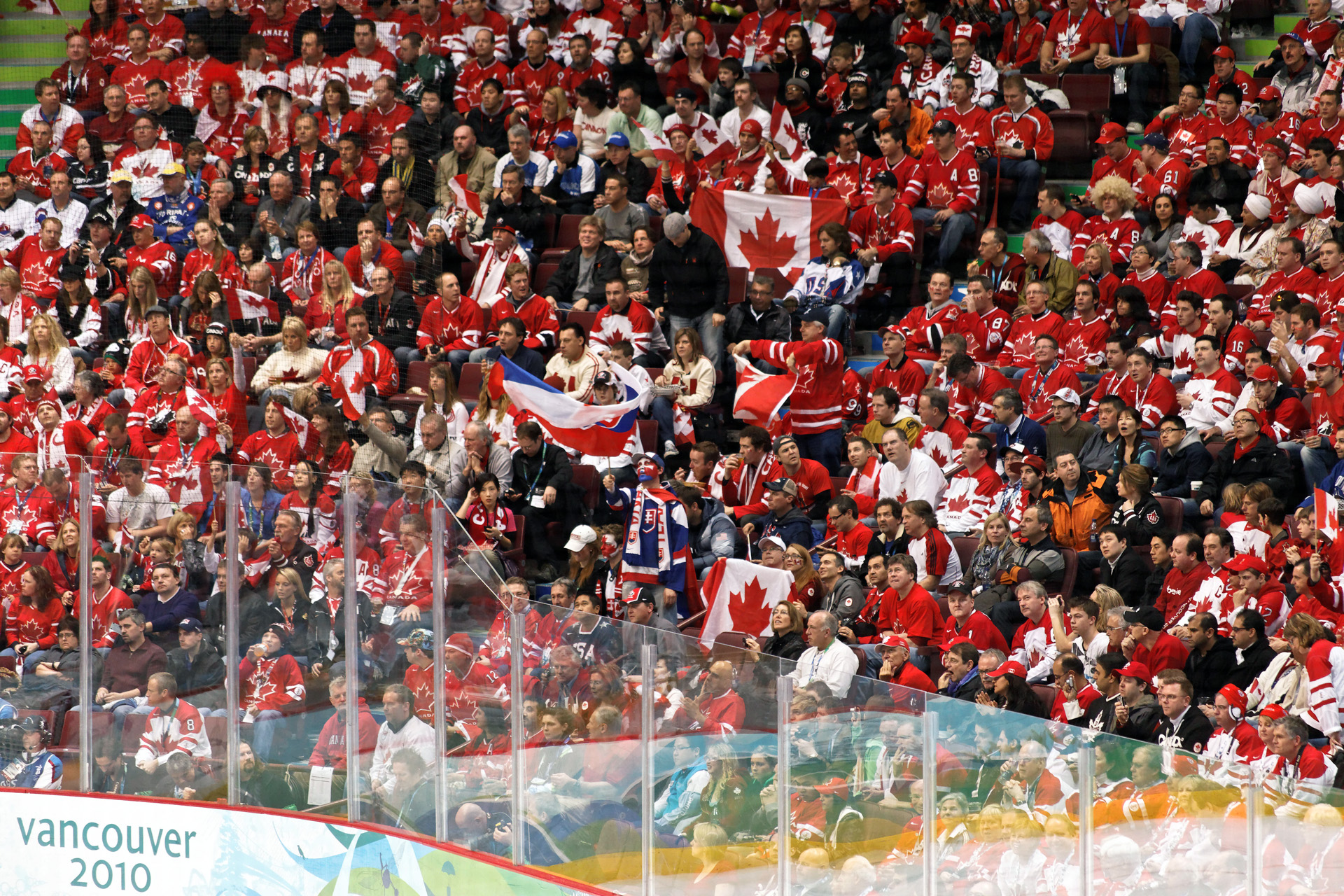 a hockey crowd stands inside of an arena while a fan holds up his flag