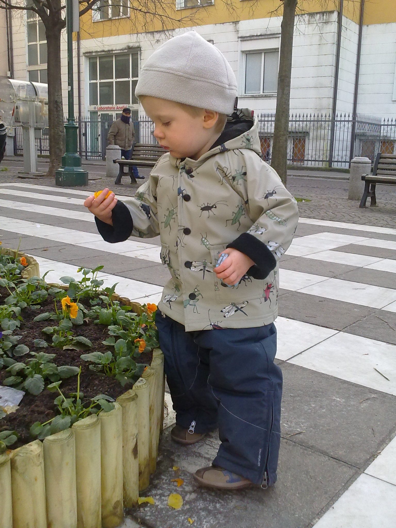 a child looking at a plant outside of a building