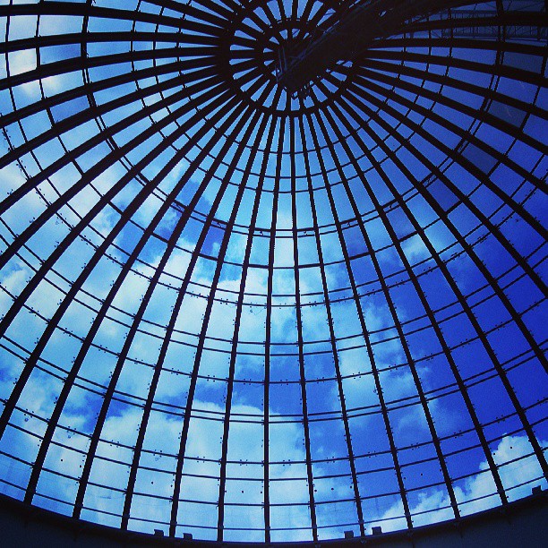 a very large structure with glass roof and sky